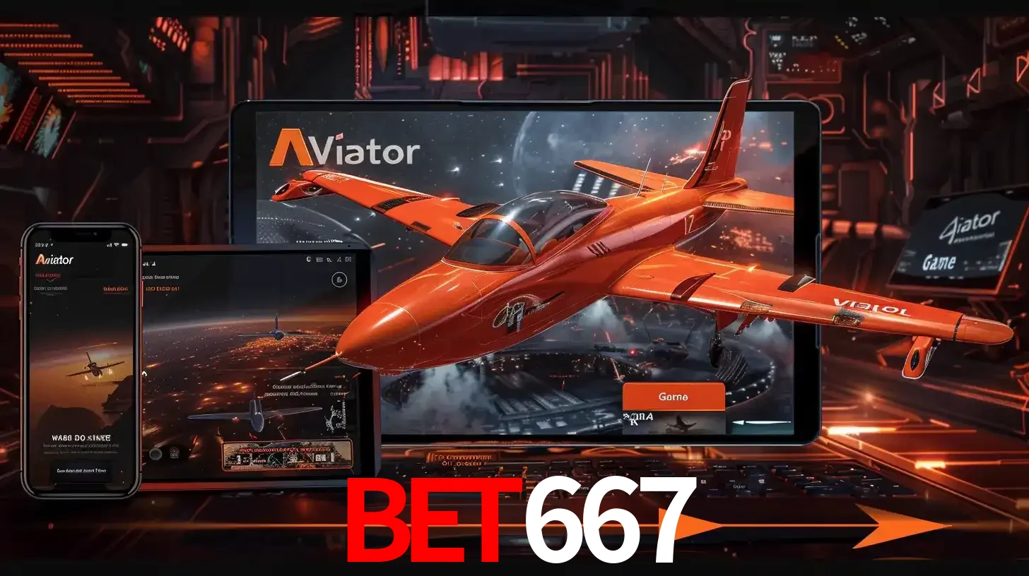 Apresentação tecnológica do jogo Aviator com um avião saindo da tela de um tablet, demonstrando a experiência imersiva em múltiplos dispositivos no BET667.