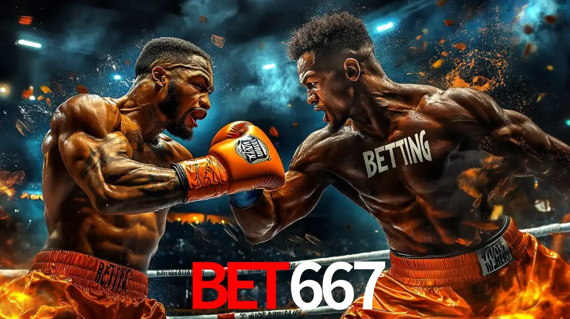 Dois boxeadores em uma luta intensa e explosiva, representando a adrenalina e as oportunidades de apostas em esportes de combate disponíveis na plataforma BET667.