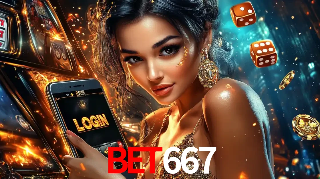 Mulher glamourosa segurando um celular com a tela de login do cassino BET667, rodeada por dados e moedas douradas, pronta para começar a diversão.