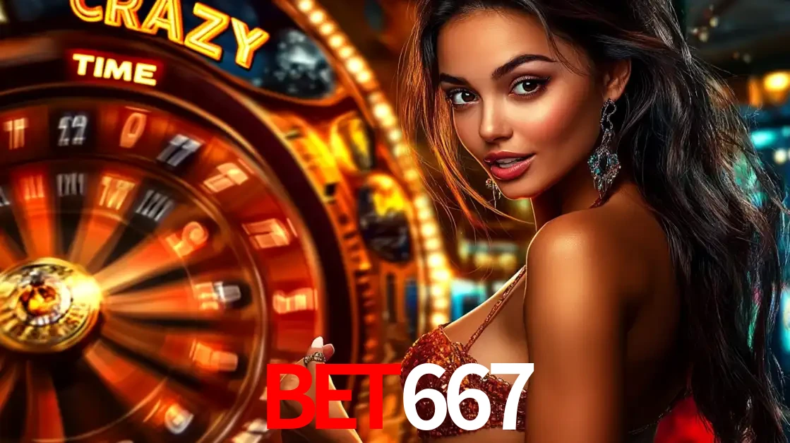 Mulher ao lado da roda de prêmios do jogo de cassino ao vivo Crazy Time, um dos shows de jogos mais emocionantes oferecidos pela plataforma de apostas BET667.