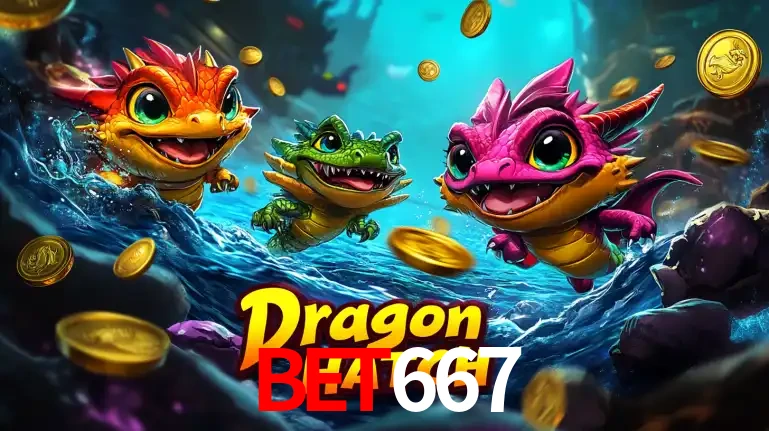Arte promocional do jogo Dragon Hatch com três adoráveis dragões bebês nadando entre moedas de ouro, um dos slots mais divertidos para jogar no cassino BET667.