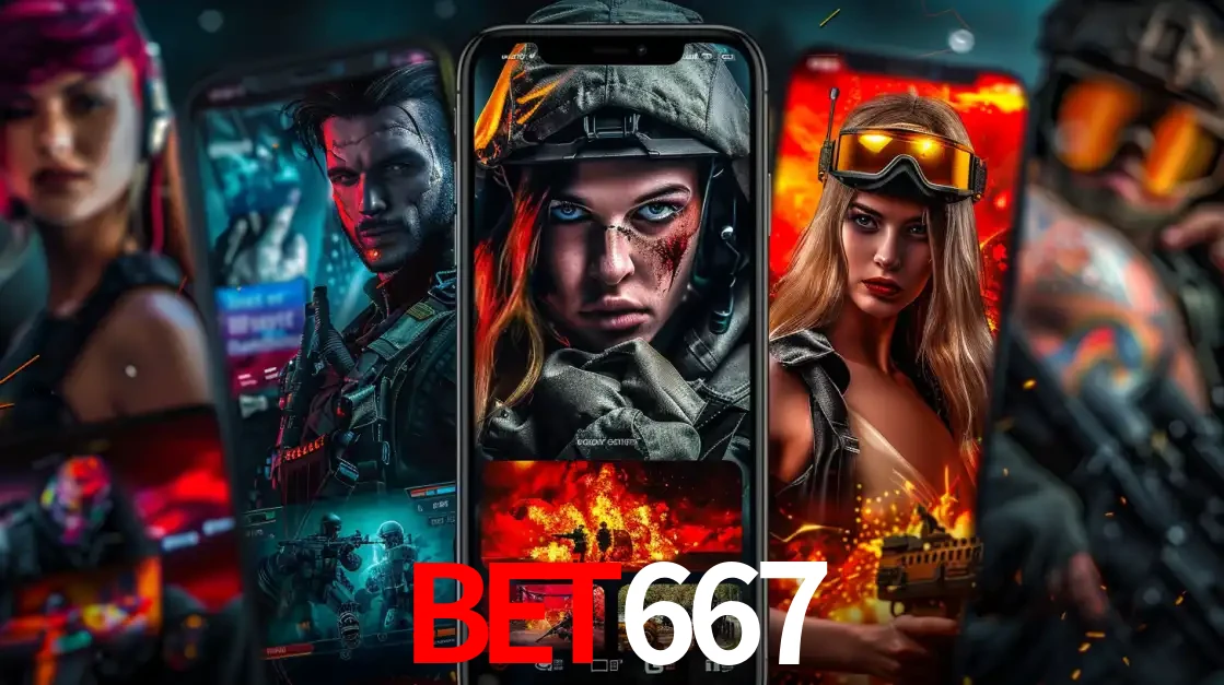 Montagem de telas de celular mostrando diversos personagens, masculinos e femininos, de um jogo de tiro, ilustrando a diversidade de equipes de e-sports para apostar no BET667.