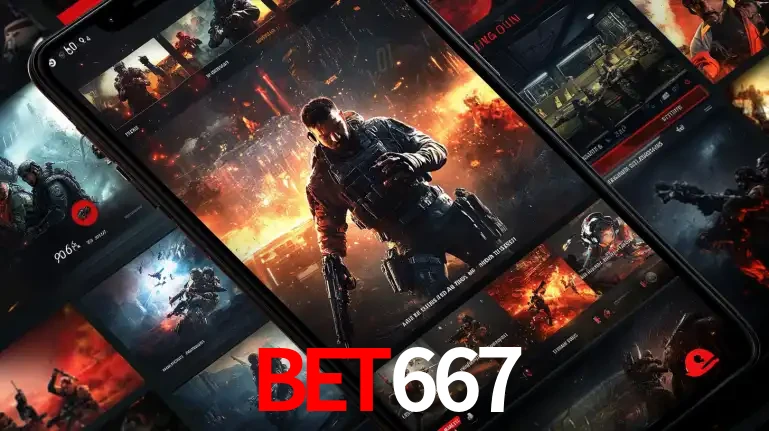 Tela de um celular exibindo uma galeria de jogos de tiro com temática militar, mostrando a variedade de e-sports disponíveis para apostas na plataforma de entretenimento BET667.