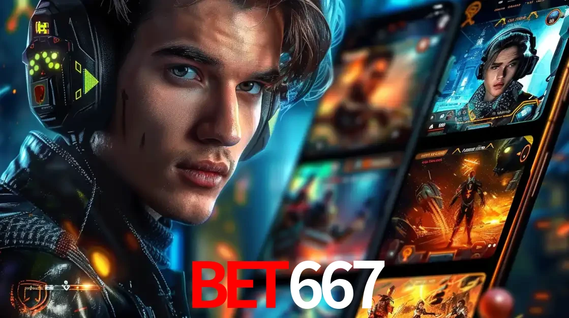 Jovem jogador com fones de ouvido olhando para a câmera, com um aplicativo de jogos e e-sports para celular ao fundo, pronto para a competição e apostas no BET667.