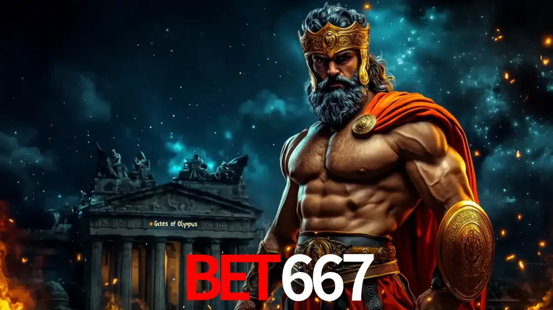 O poderoso Zeus do jogo de slot Gates of Olympus em frente ao seu templo, pronto para lançar multiplicadores divinos e prêmios épicos no cassino online BET667.