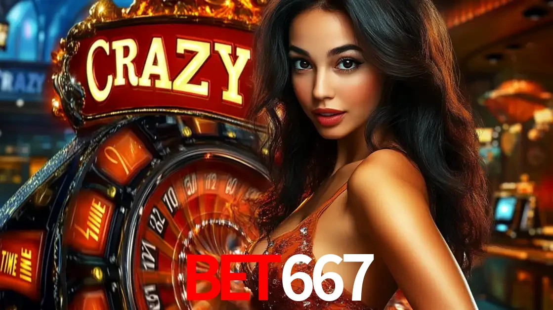 Mulher glamourosa olhando para a câmera com a roda vermelha do Crazy Time ao fundo em um ambiente de cassino, destacando a emoção dos jogos ao vivo no BET667.