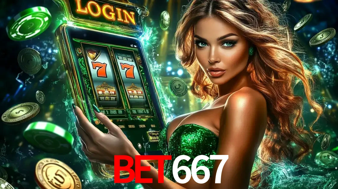 Mulher com tema verde apresentando o aplicativo do cassino BET667 com um jogo de slot de 777, cercada por fichas de cassino e uma aura de sorte.