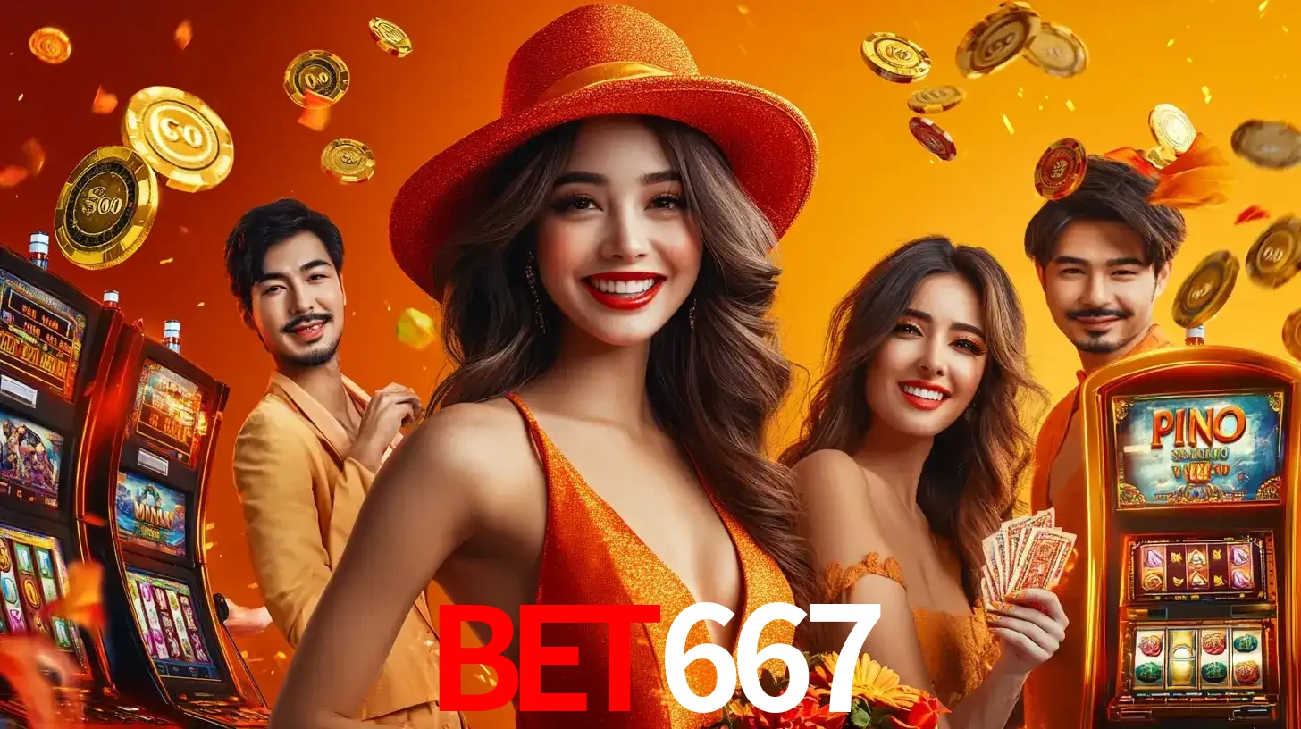 Grupo de amigos asiáticos sorrindo e se divertindo com máquinas de caça-níqueis em um ambiente festivo, celebrando suas vitórias nos jogos de cassino do BET667.