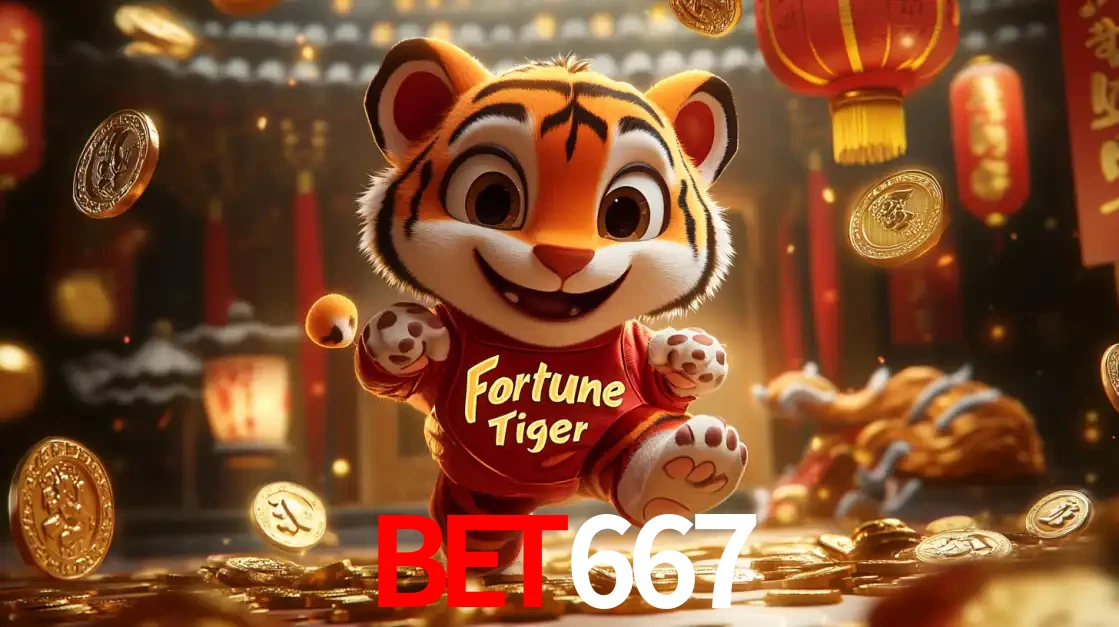 O alegre personagem do Fortune Tiger correndo sobre um caminho de moedas de ouro, simbolizando os grandes prêmios e a diversão do popular jogo de slot do BET667.