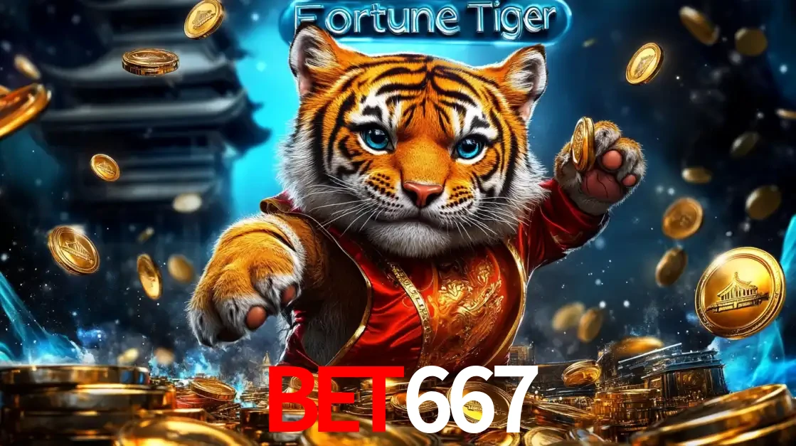 Imagem promocional do jogo de slot Fortune Tiger, com um tigre majestoso em traje tradicional cercado por uma fortuna em moedas de ouro, disponível agora no cassino BET667.
