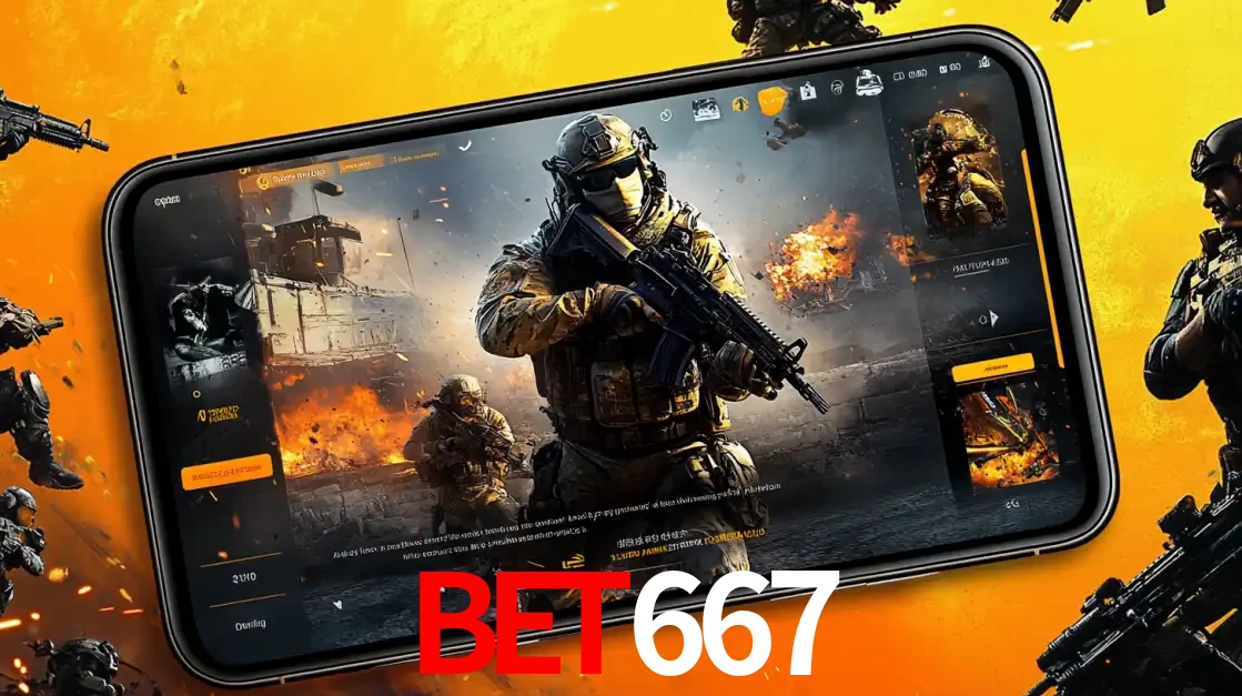 Um smartphone exibindo a interface de um jogo de tiro em primeira pessoa, com um soldado em um cenário de batalha, representando a ação dos e-sports para apostar no BET667.