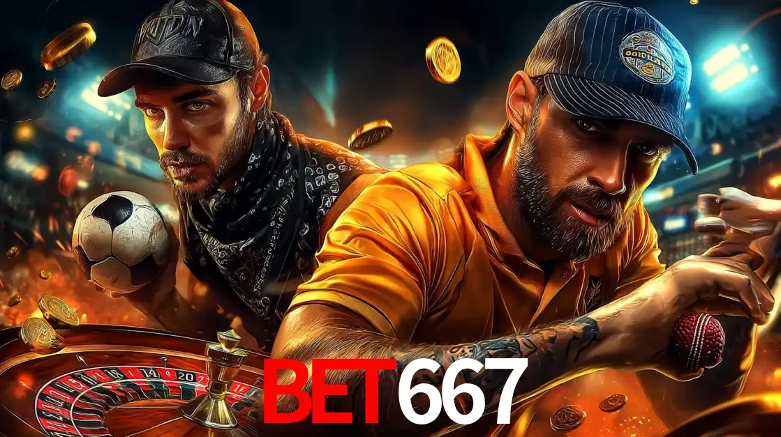 Montagem de apostas esportivas e cassino no BET667, com um homem segurando uma bola de futebol e outro uma de beisebol sobre uma roleta e moedas voadoras.