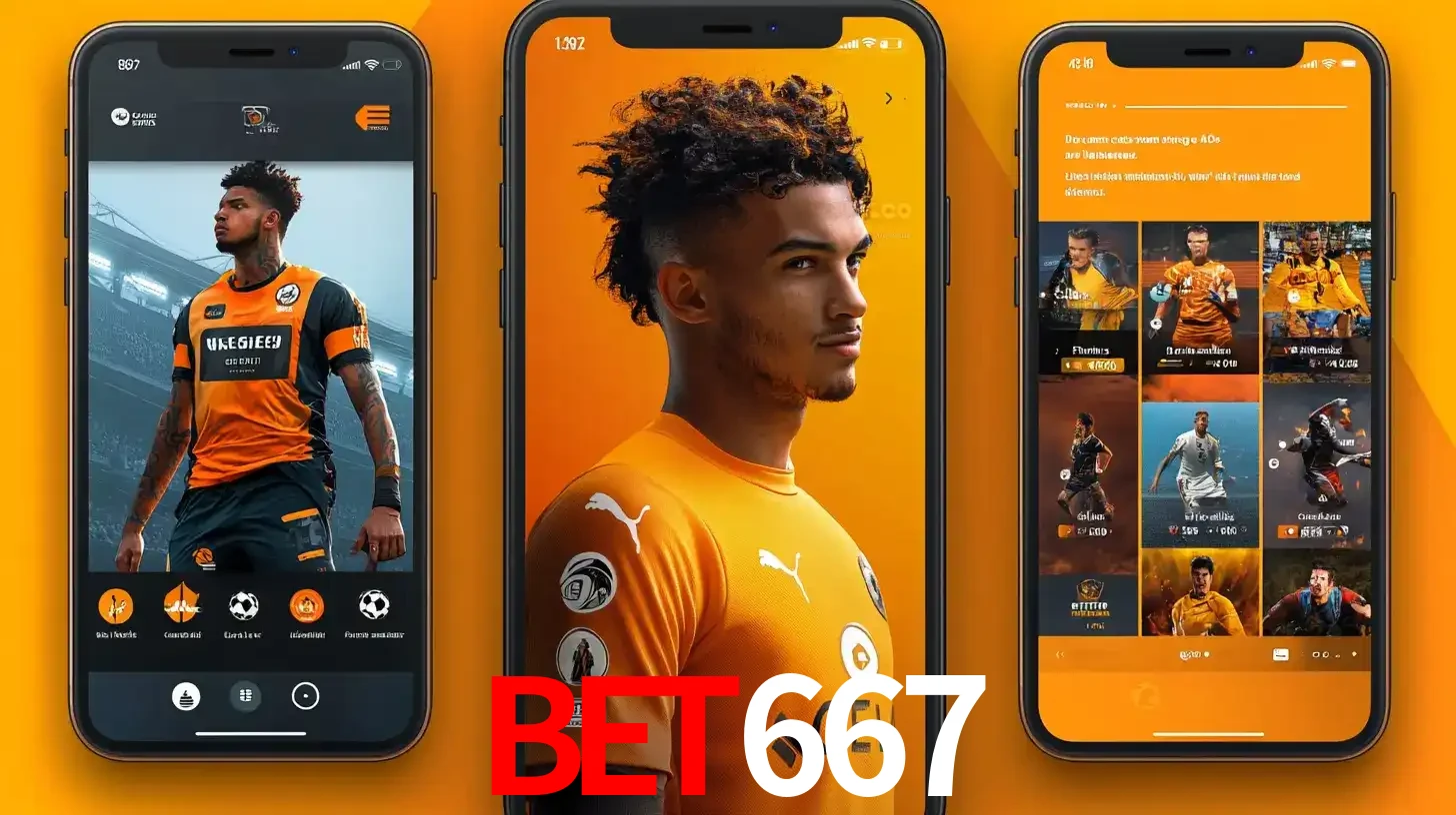 Interface do aplicativo de apostas esportivas BET667 em três telas de celular, mostrando o perfil de um jogador de futebol e a lista de jogos disponíveis para apostar.