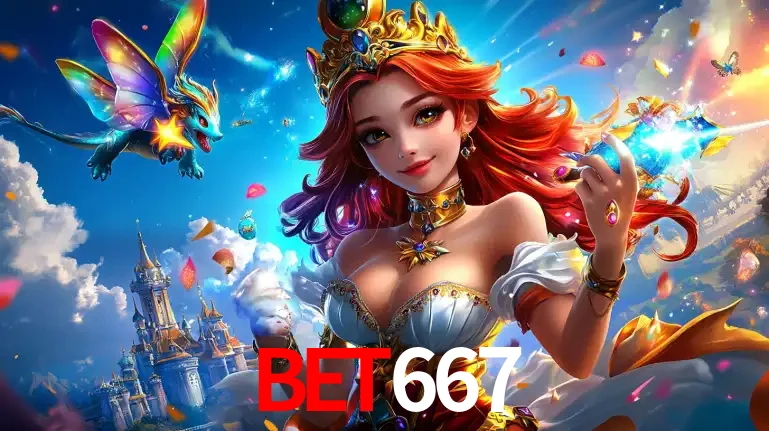 A princesa de um reino de fantasia mágico, com seu pequeno dragão, apresentando um mundo de prêmios encantados nos jogos de caça-níqueis do cassino BET667.