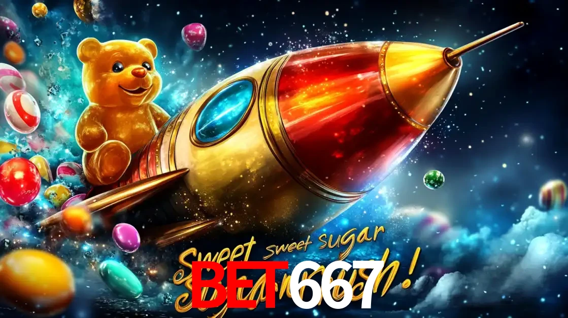 Arte promocional do jogo de slot Sugar Rush, com um urso de pelúcia em um foguete viajando pelo espaço de doces, um dos jogos divertidos disponíveis no cassino BET667.
