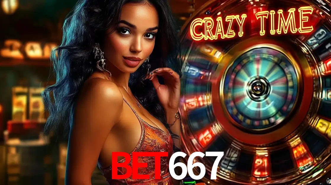 Mulher elegante ao lado da vibrante roda da fortuna do jogo de cassino ao vivo Crazy Time, um dos game shows mais populares e cheios de prêmios do BET667.