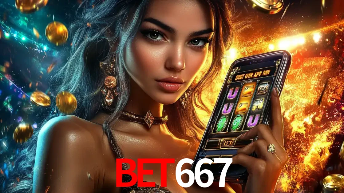 Mulher elegante mostrando um jogo de caça-níqueis em seu smartphone, destacando a experiência de cassino móvel oferecida pelo aplicativo BET667.