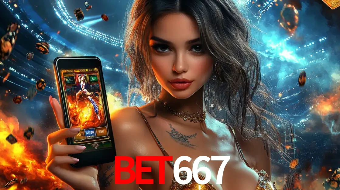 Mulher segurando um celular com um jogo de slot em destaque, tendo como fundo um estádio vibrante, simbolizando a emoção de jogar no cassino móvel BET667.