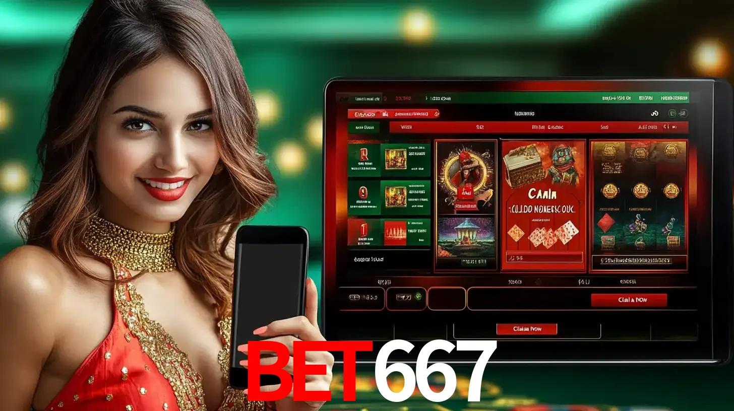 Mulher sorridente segurando um smartphone, ao lado de uma tela exibindo o lobby de jogos do cassino online BET667, com várias opções de jogos de cartas e slots.